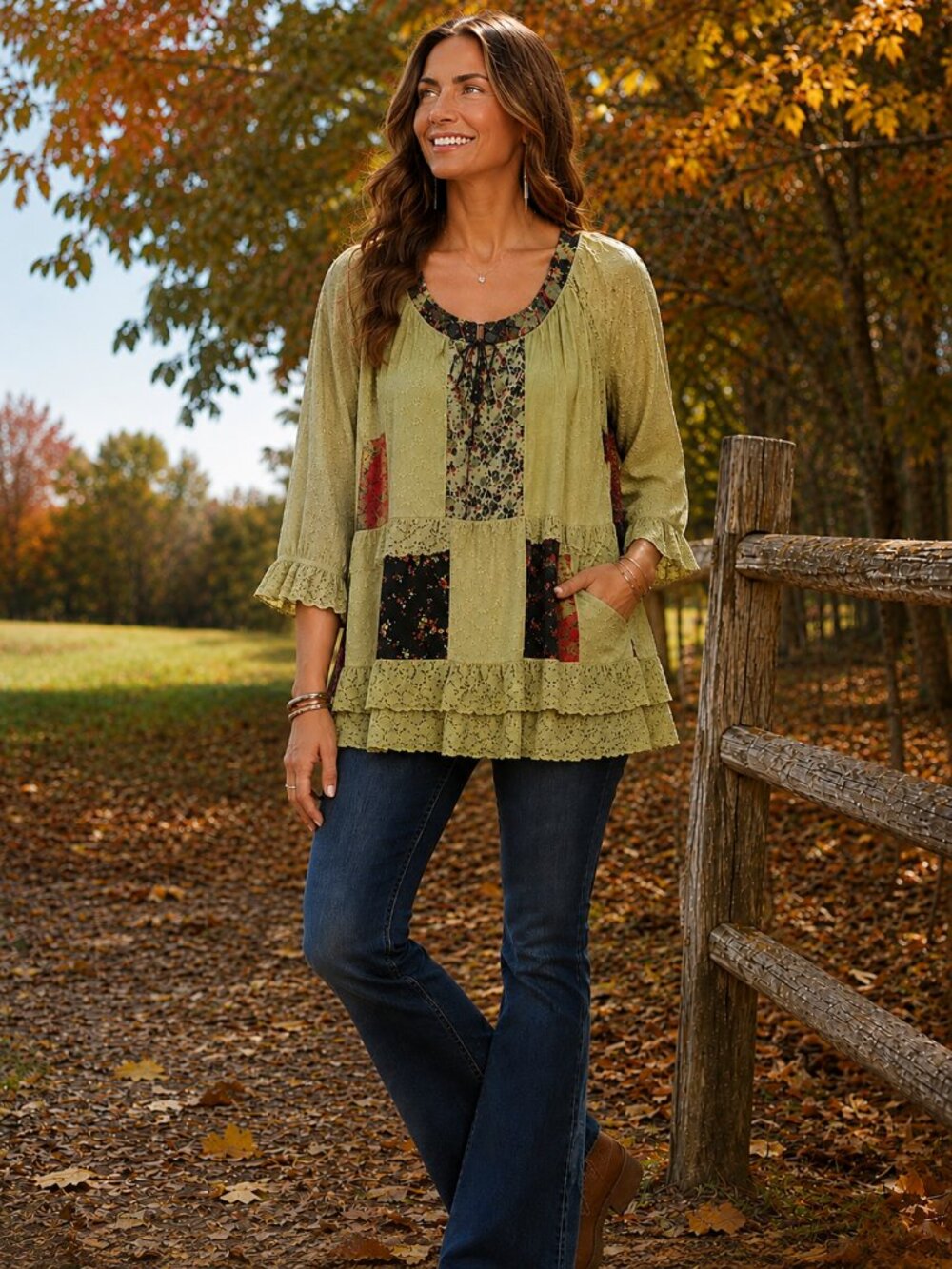 YOUNG THREADS 3/4 Lace Sleeve Scoop Tie Neck Tan Multi-Color Blouse NWT XL